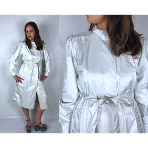 vintage 80s Pearly White RUBBER Puff Sleeve TRENCH COAT Medium raincoat maxi